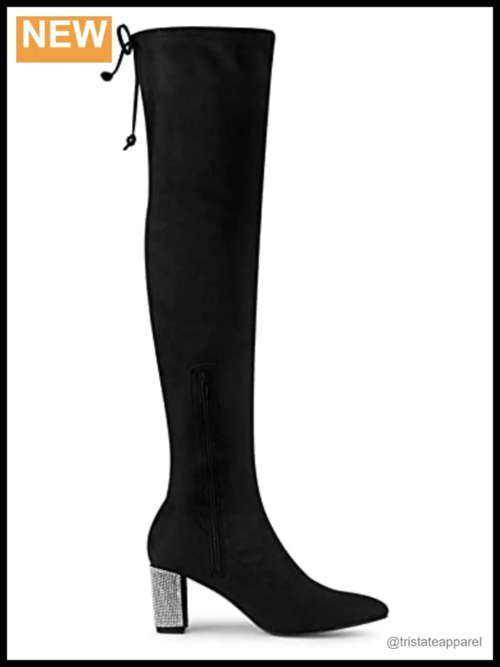 Over the Knee Rhinestone Chunky Heel Boots Faux Suede Lace Up Pointed Toe